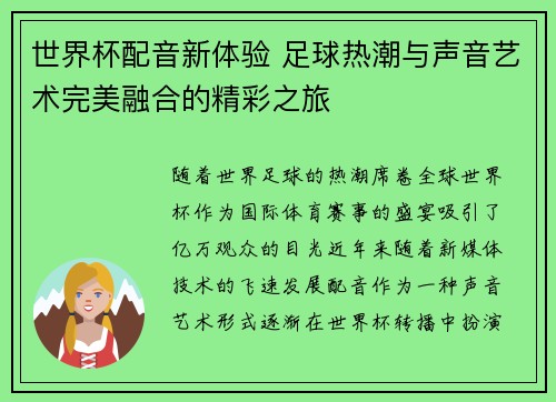 世界杯配音新体验 足球热潮与声音艺术完美融合的精彩之旅